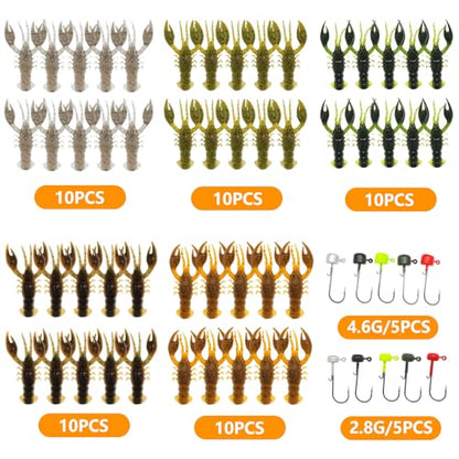 Soft Plastic Crawfish Lures Kit with Jig Heads, 25pcs/60pcs Creature Baits Fishing Lure Set for Bass Trout Pike Freshwater Fishing - color: 60pcs
