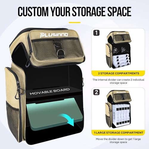 PLUSINNO Fishing Backpack with Rod Holders, 42L Large Water-Resistant Tackle Bag for Fishing, Camping, Hiking, Gifts - Khaki - color: Khaki