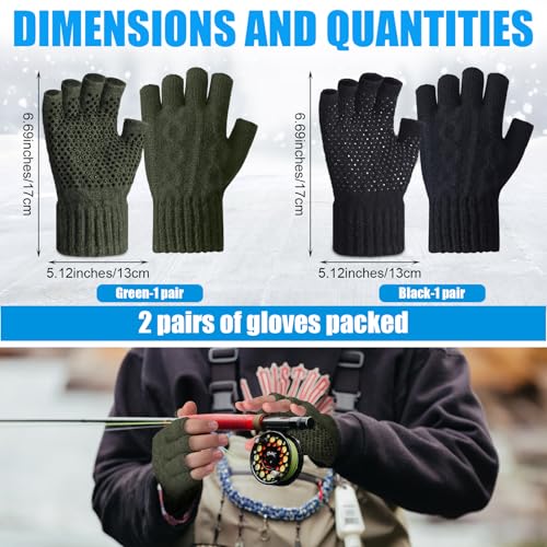 Geyoga 2 Pairs Wool Fingerless Fishing Gloves for Men Women Anti-Slip with Grip Dots Warm Winter Fly Ice Fishing Gloves - color: Black and Green, style: Fingerless