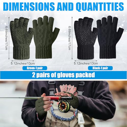 Geyoga 2 Pairs Wool Fingerless Fishing Gloves for Men Women Anti-Slip with Grip Dots Warm Winter Fly Ice Fishing Gloves - color: Black and Green, style: Fingerless