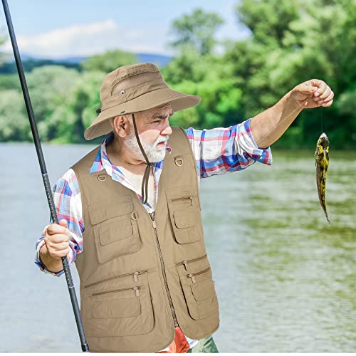 Janmercy 2 Pieces Men's Work Fishing Vest with Hat Lightweight Safari Travel Hunting Waistcoat With Multi Pockets Fishing Hat - color: Dark Khaki,, size: X-Large