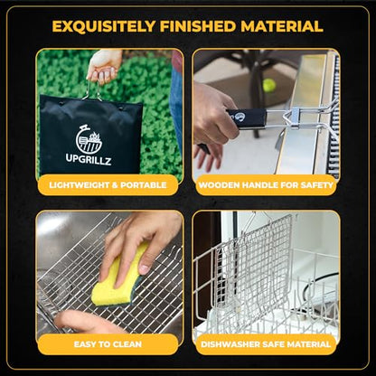 UPGRILLZ Fish Grill Baskets for Outdoor Grill Vegetables, Fish Grilling rack for Grill, BBQ Grilling Basket, Stainless steel Grill Basket for Veggies, shrimp Includes 50 skewers, Silicon Brush, and Carry Bag