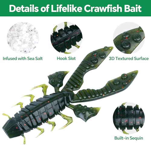Crawfish Lure 5.5", Soft Plastic Crawdad Creature Bait with Rattles, Weedless Bass Fishing Lure, Realistic Fishing Lures for Freshwater & Saltwater, 3 Pack Red Green Blue - color: Green Pumpkin