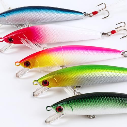 10Pcs Fishing Lures Minnow Bass Lure Jerkbait Topwater Hard Baits with Double Treble Hooks Flasher Feathers for Bass Trout Walleye Redfish Saltwater Freshwater 3.4in/0.3oz