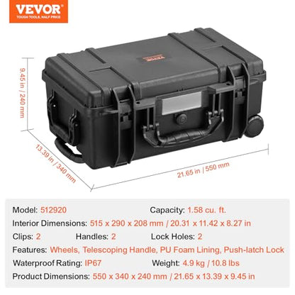 VEVOR Weatherproof Hard Case, Heavy Duty Protective Dry Box with Pre-Cut Foam, Wheels & Retractable Pull Handle for Travel, Hunt, Military, Tactical, IP67 Waterproof Case for Cameras (21.7*13.4*9.5") - size: 21.65 x 13.39 x 9.45 in
