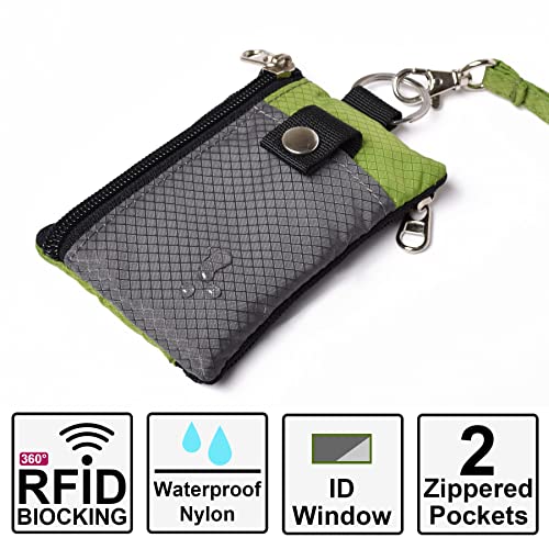 CHENSPRX Minimalist RFID Blocking Small Wallet with ID Window,WaterResistant Zip Id Case Wallet with Lanyard Keychain for Cards,Cash,Travel,Women,Men - color: DarkGrey+OliveGreen
