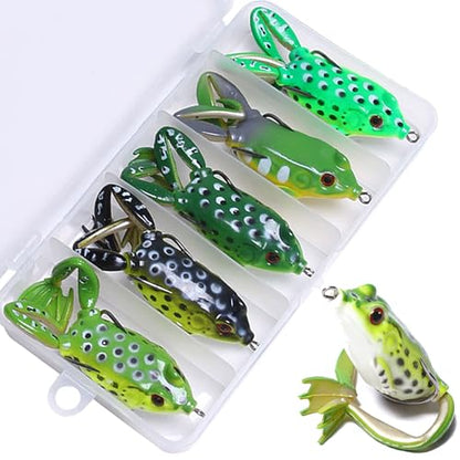 Topwater Frog Lures – 5 Pack Hollow Body Weedless Bass Bait with Heavy-Duty Hooks for Lily Pads, Heavy Cover, Pike & Snakehead – Tackle Box Included