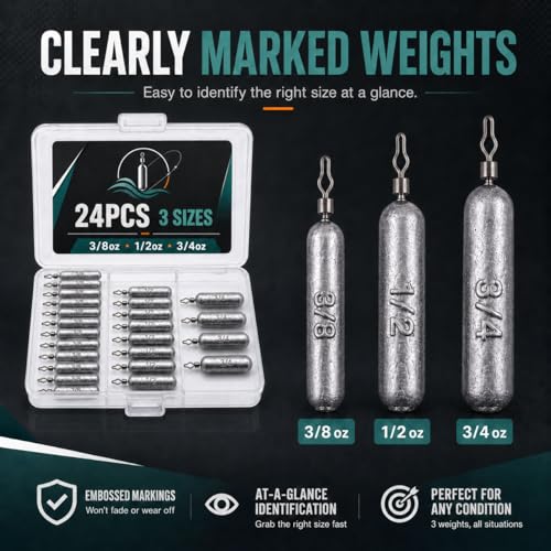 Pencil Drop Shot Weights, 24pcs/36pcs 3 Sizes/5 Sizes Lead Sinkers with Double Wire Loop Swivels, Heavy Rig Sinkers for Deep Water Bass Fishing, Freshwater Drop Shot Rig with Storage Box - size: 24 PCS/ 3 Sizes