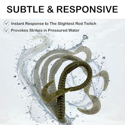 5.5" Pulse Slim Worm Soft Lure for Bass Fishing, Slim Profile Salt Infused Responsive Curl Tail with Ribbed Body & Reinforced Hook Section, 12 Pack - color: Junebug