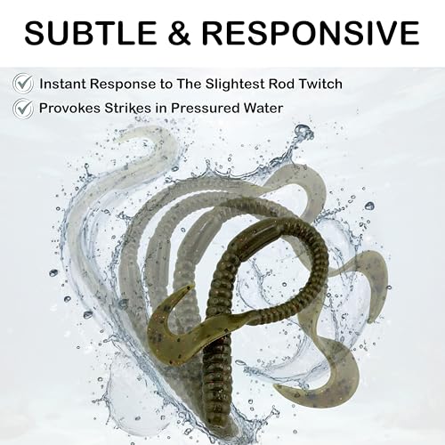 5.5" Pulse Slim Worm Soft Lure for Bass Fishing, Slim Profile Salt Infused Responsive Curl Tail with Ribbed Body & Reinforced Hook Section, 12 Pack - color: Watermelon Red