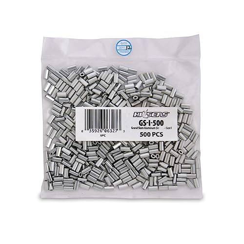 HI-SEAS Grand Slam Aluminum Fishing Line Crimp Sleeves - Bulk 500 Pieces, Durable and Strong Crimps for Monofilament 40lb Test up to 600lb Test for Saltwater Fishing Leaders - style: 500 Pc/1.0 Mm