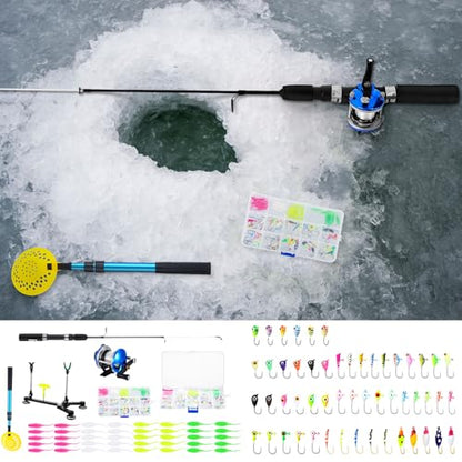 Hungdao 96 Pcs Ice Fishing Gear with Ice Fishing Rod, Reel Combo, Jigs, Cleats, Rod Holder for Men Outdoor Gifts