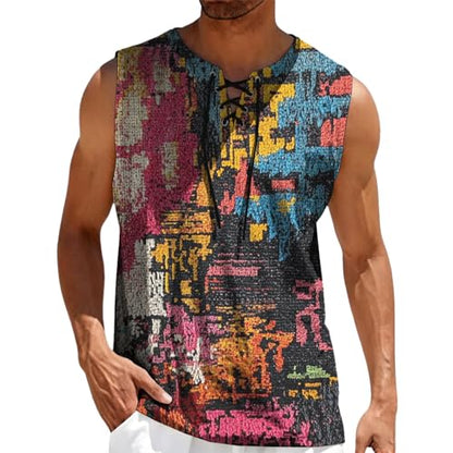 MARSVOVO Mens Print V-Neck Tank Tops Casual Lace-Up Loose Fit Graphic Vest Lightweight Breathable Sleeveless Shirts - color: Pattern R, size: Medium