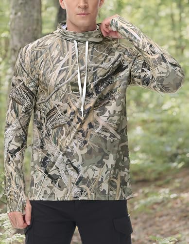 FISHEAL Men's Hunting Shirts with Mask - UPF 50+ Camo Long Sleeve Fishing Hoodie Shirt with Adjustable Drawstring - color: Reeds, size: XX-Large