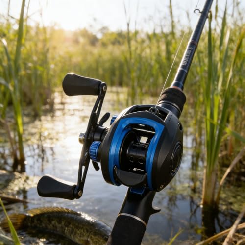 Baitcasting Reel, Long Cast Anti-Backlash Fishing Reel for Black Bass & Lure Fishing, Plastic/Metal Spool, Freshwater & Saltwater Fishing(Left-Blue)