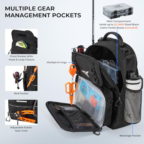 KastKing BaitSpace Fishing Sling Bag, Fishing Backpack with Rod & Beverage Holder, Tackle Bag for Fishing Gear - color: H: Black - with (2) 3600 tackle boxes, size: Large