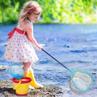 2 Pack Telescopic Kids Fishing Net with Handle, 2 Collapsible Bucket Sand Pail, Stainless Steel Foldable Fishing Net Small Fishing Butterfly Bug Net Beach Shovel with Storage Bag - color: Blue Yellow Green