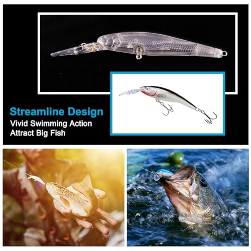 Unpainted Fishing Lures Crankbait Blanks Hard Lures Kit with 3D Eyes Blank Fishing Lure Making Kit Lipless Crankbait Minnow Popper Jerkbait VIB Clear Bodies