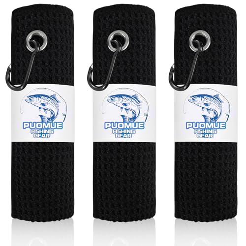Puomue 3 Pack Microfiber Fishing Towels with Clip, 16" X 16", Waffle Pattern for Effective Cleaning of Fishing Gears or Dirty Hands, Perfect for Camping Towels and Hiking Towles (Black, 16"X16") - color: Black