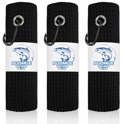 Puomue 3 Pack Microfiber Fishing Towels with Clip, 16" X 16", Waffle Pattern for Effective Cleaning of Fishing Gears or Dirty Hands, Perfect for Camping Towels and Hiking Towles (Black, 16"X16") - color: Black
