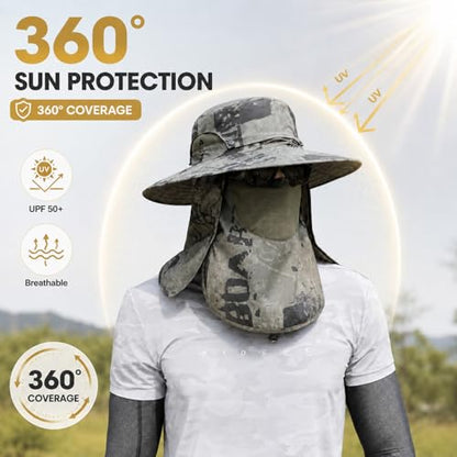 Sun Hat Unisex Face Coverage Shield Neck Flap Cap Garden Lawn Work Sports Hiking Fishing Hats - color: Army Green Ink Wash