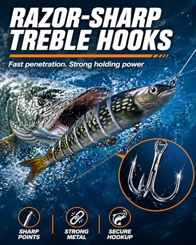 8-Segment Swimbait with High-Carbon Steel Hooks, 5.4" Lifelike Jointed Fishing Lure with Built-in Rattle & 3D Eyes, Magic Wiggling Action Swimbaits for Bass Trout Pike Walleye, Freshwater Saltwater