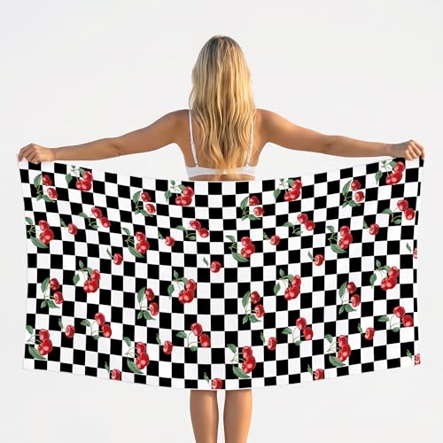 Black and White Checkered Beach Towel - Retro Plaid Cherry Large Sand Free Towel 30x60 Inch for Beach Camping Swim Pool Gym Sports & Yoga, Cherry Themed Gifts for Women - color: Btowels01