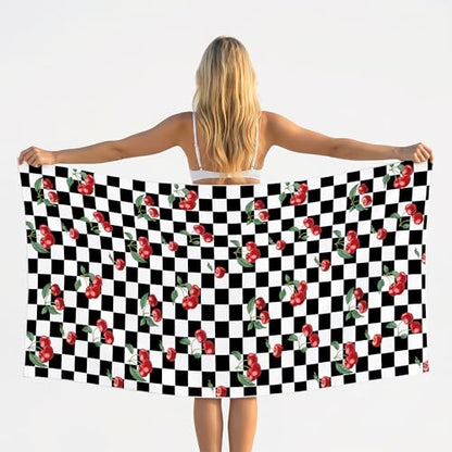 Black and White Checkered Beach Towel - Retro Plaid Cherry Large Sand Free Towel 30x60 Inch for Beach Camping Swim Pool Gym Sports & Yoga, Cherry Themed Gifts for Women - color: Btowels01