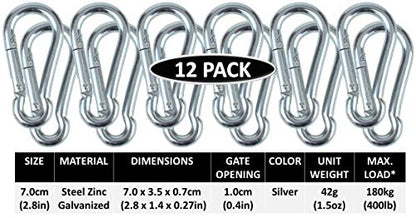 Black & Silver Zinc-Galvanized Heavy Duty Bushcraft Carabiner Spring Snap Clip Link Hooks 200-500lb Load 2, 6 & 12 Packs - color: 7cm (2.8in) Silver 12 Pack