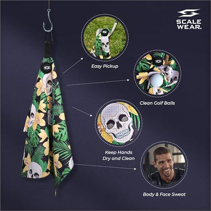 Magnetic Microfiber Waffle Golf Towel – Large 16"x24" Clean Golf Club Ball Magnet Clip to Hang on Bag Cart Strong Premium Strength Ultra Absorbent Gear Tropical Men (Hawaiian Skulls) - color: Hawaian Skulls