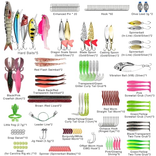 193PCS Fishing Lures Kit with Tackle Box, Freshwater Saltwater Bass Lures Set – Hard Baits, Soft Plastic Worms, Crankbaits, Spinner Baits, Frog Lures, Fishing Hooks & Accessories