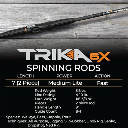 TRIKA 6X Spinning/Casting Carbon Rod Carbon Weave Rod for Extra Sensitive Vibration | Longer Casting | Lightweight Freshwater Fishing Pole - style: Spinning - 7' Medium Lite Fast 2 Pc.