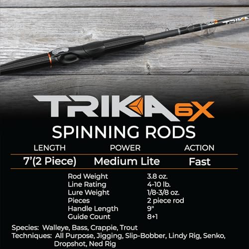 TRIKA 6X Spinning/Casting Carbon Rod Carbon Weave Rod for Extra Sensitive Vibration | Longer Casting | Lightweight Freshwater Fishing Pole - style: Spinning - 7' Medium Lite Fast 2 Pc.
