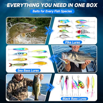 PLUSINNO Fishing Lures Kit Tackle Box, Premium Fishing Bait Set for Bass, Trout, Crappie, Walleye, Fishing Gear Accessories Kit for Freshwater & Saltwater, Fishing Gifts for Men