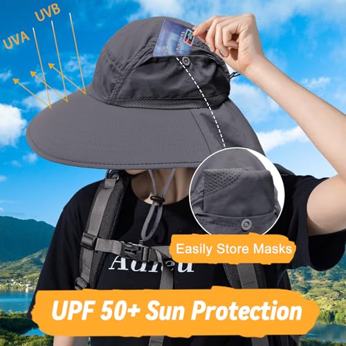Sun Hats for Men Women Detachable Face Cover Wide Brim Fishing Hats with Neck Flap UPF 50+ Outdoor Safari Hats - color: Dark Grey