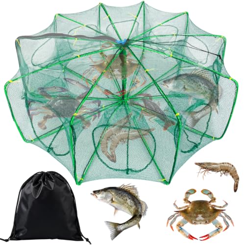 Fishing Bait Trap, 10-Hole 10-Sided Foldable Fishing Net Trap, Portable Nylon Mesh Collapsible Fish Trap with Storage Bag for Minnow Crab Shrimp Crawfish, Freshwater Saltwater