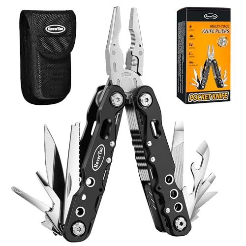 RoverTac Multitool Pliers Pocket Knife, 14 in 1 Multi Tool Knife Pliers Saw Bottle Opener Safety Lock Nylon Sheath, Camping Hiking Gear Multitool for Camping Survival Hiking DIY, Gifts for Men Dad - color: Black