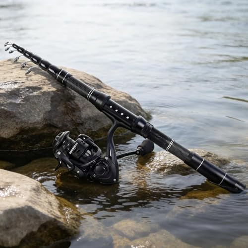 Telescopic Fishing Rod and Reel Combo, Carbon Fiber Collapsible Travel Fishing Pole Kit with Carrier Case & Lures, Anti-Jam Gear for Adults Men Beginners, Freshwater, Saltwater - size: 6.8 ft