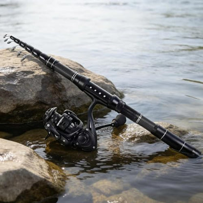 Telescopic Fishing Rod and Reel Combo, Carbon Fiber Collapsible Travel Fishing Pole Kit with Carrier Case & Lures, Anti-Jam Gear for Adults Men Beginners, Freshwater, Saltwater - size: 7.5 ft