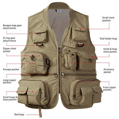 BASSDASH Versatile Men's Women's Fishing Photography Vest with Mesh Back 6 Sizes - color: Khaki, size: XX-Large
