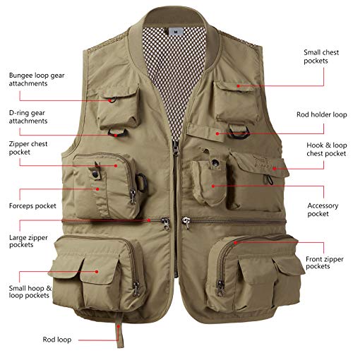 BASSDASH Versatile Men's Women's Fishing Photography Vest with Mesh Back 6 Sizes - color: Khaki, size: 3X-Large