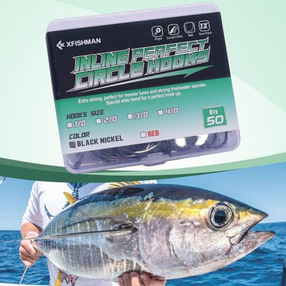 XFISHMAN-Inline-Circle-Hooks-Saltwater-Freshwater-for-Catfish-Tuna-Bass-Octopus-Hooks-Big-Hook-Fishing 50 Pack - color: Black, size: 1/0 50-Pack
