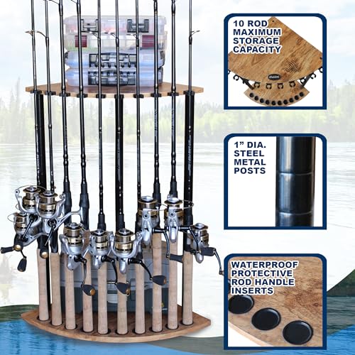Rush Creek Creations - 10 Fishing Rod and Fishing Pole Holders for Garage, Fishing Gear, Accessories & Tackle Organizer, Vertical Fishing Pole/Rod Corner Storage Rack - 15.35"D x 15.35"W x 26.85"H