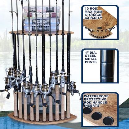 Rush Creek Creations - 10 Fishing Rod and Fishing Pole Holders for Garage, Fishing Gear, Accessories & Tackle Organizer, Vertical Fishing Pole/Rod Corner Storage Rack - 15.35"D x 15.35"W x 26.85"H
