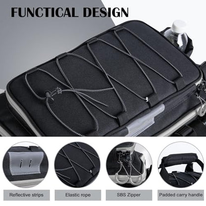 Goture Fishing Tackle Bag with 2pcs 3600 Tackle Boxes, 600D Water-Resistant Soft Side Saltwater Gear Storage Fishing Bag with Rod Straps, Detachable Water Bottle Pouch, Waterproof Bottom, SBS Zippers - color: C1:Black Gray with 2 3600 Tackle Boxes, size: