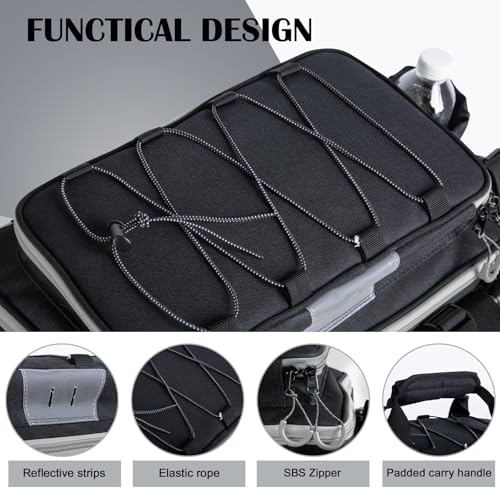Goture Fishing Tackle Bag with 4pcs 3600 Tackle Boxes, 600D Water-Resistant Soft Side Saltwater Gear Storage Fishing Bag with Rod Straps, Detachable Water Bottle Pouch, Waterproof Bottom, SBS Zippers - color: C2:Black Gray with 4 3600 Tackle Boxes, size: