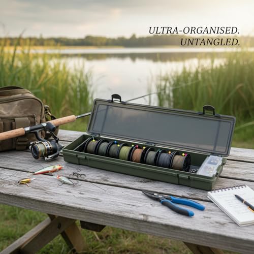 Green PVC Fishing Line Spool Organizer Box - Compact Tackle Storage Case for Braided Lines & Rigs, Portable Bag Insert (1 Pack)