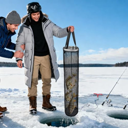 QualyQualy 2-Pack Ice Fishing Live Well, Floating Fish Basket for Live Fish Bait Bucket, Foldable Rubber Coated Fish Bag for Live Caught & Minnow Bucket| Fits All Ice Holes, Carabiner Included