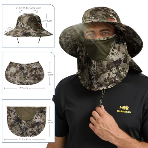 BASSDASH UPF 50+ Breathable Sun Hat with Removable Face Cover and Neck Flap Wide Brim Bucket Hat for Fishing Hiking Men Women - color: Grunge Camo