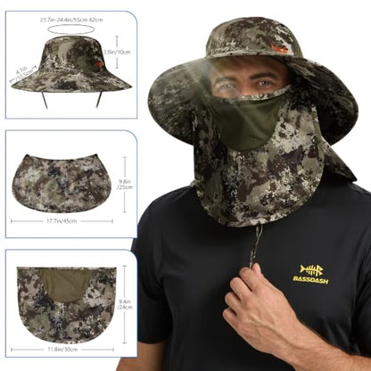 BASSDASH UPF 50+ Breathable Sun Hat with Removable Face Cover and Neck Flap Wide Brim Bucket Hat for Fishing Hiking Men Women - color: Grunge Camo
